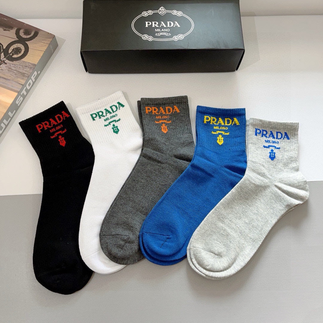 PRADA High-End Pure Cotton Mid-Calf Socks - 5 Pairs