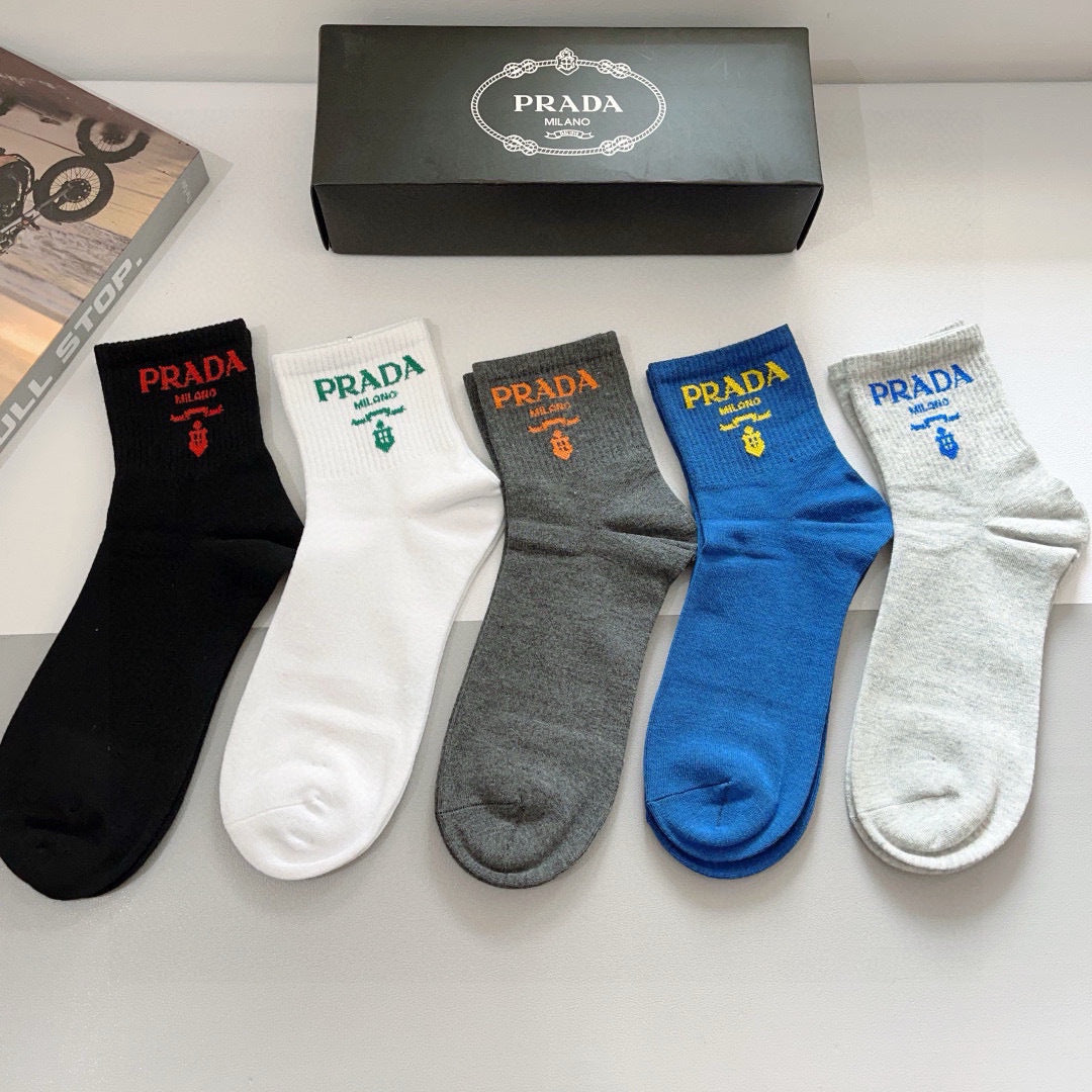 PRADA High-End Pure Cotton Mid-Calf Socks - 5 Pairs