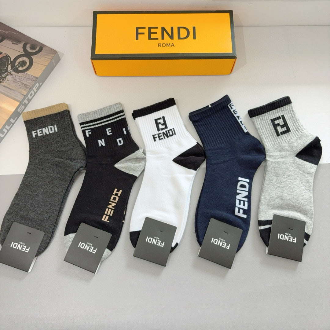 FENDI Double F Mid-Calf Cotton Socks - 5 Pairs