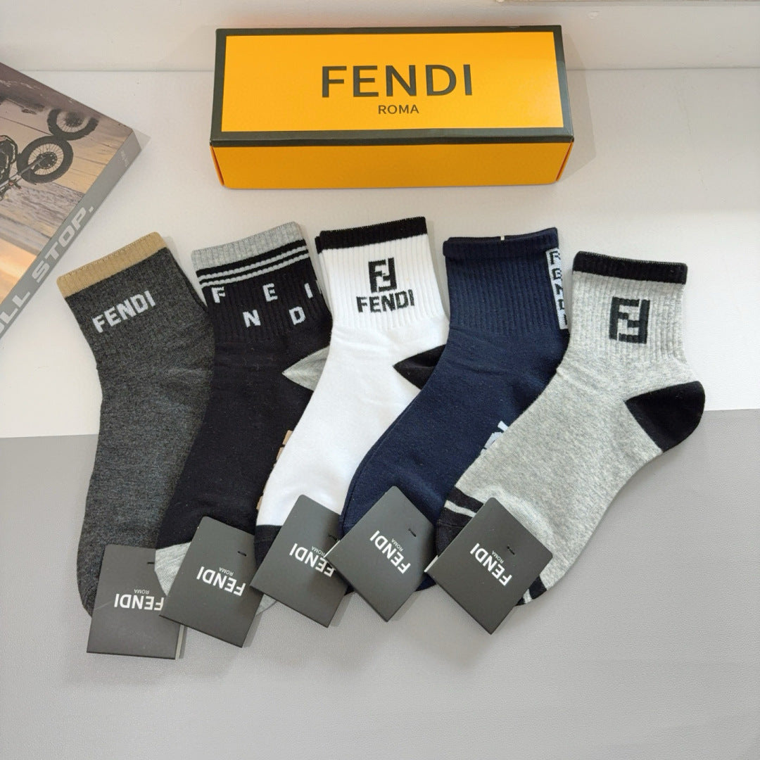 FENDI Double F Mid-Calf Cotton Socks - 5 Pairs