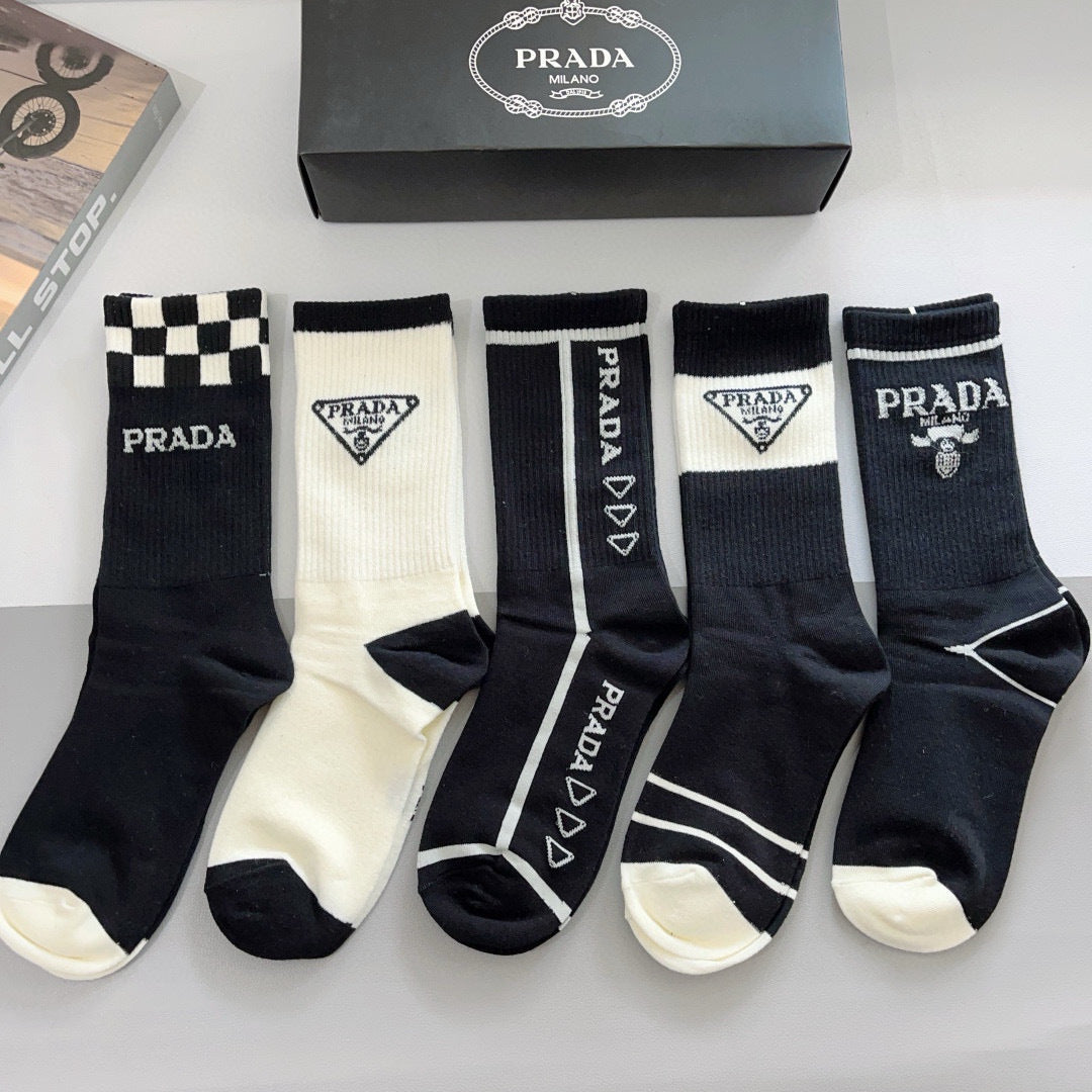 PRADA High-End Pure Cotton Calf Socks - 5 Pairs