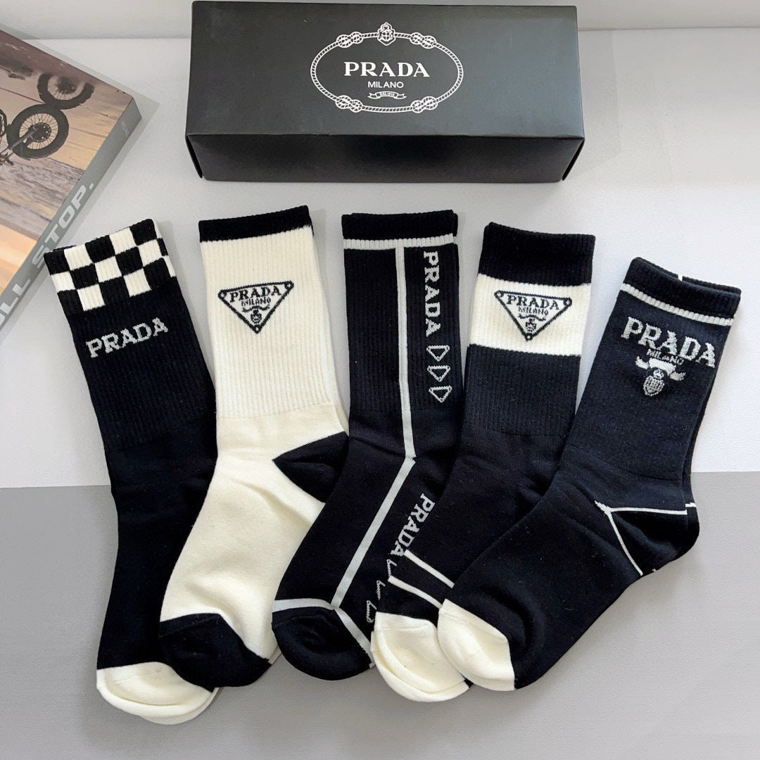 PRADA High-End Pure Cotton Calf Socks - 5 Pairs