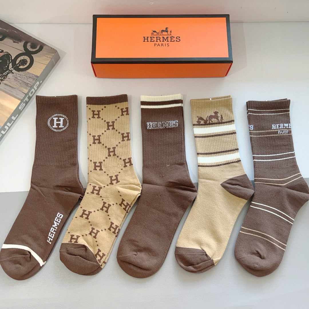 Hermes High-Quality Long Calf Socks - 5 Pairs Box Set
