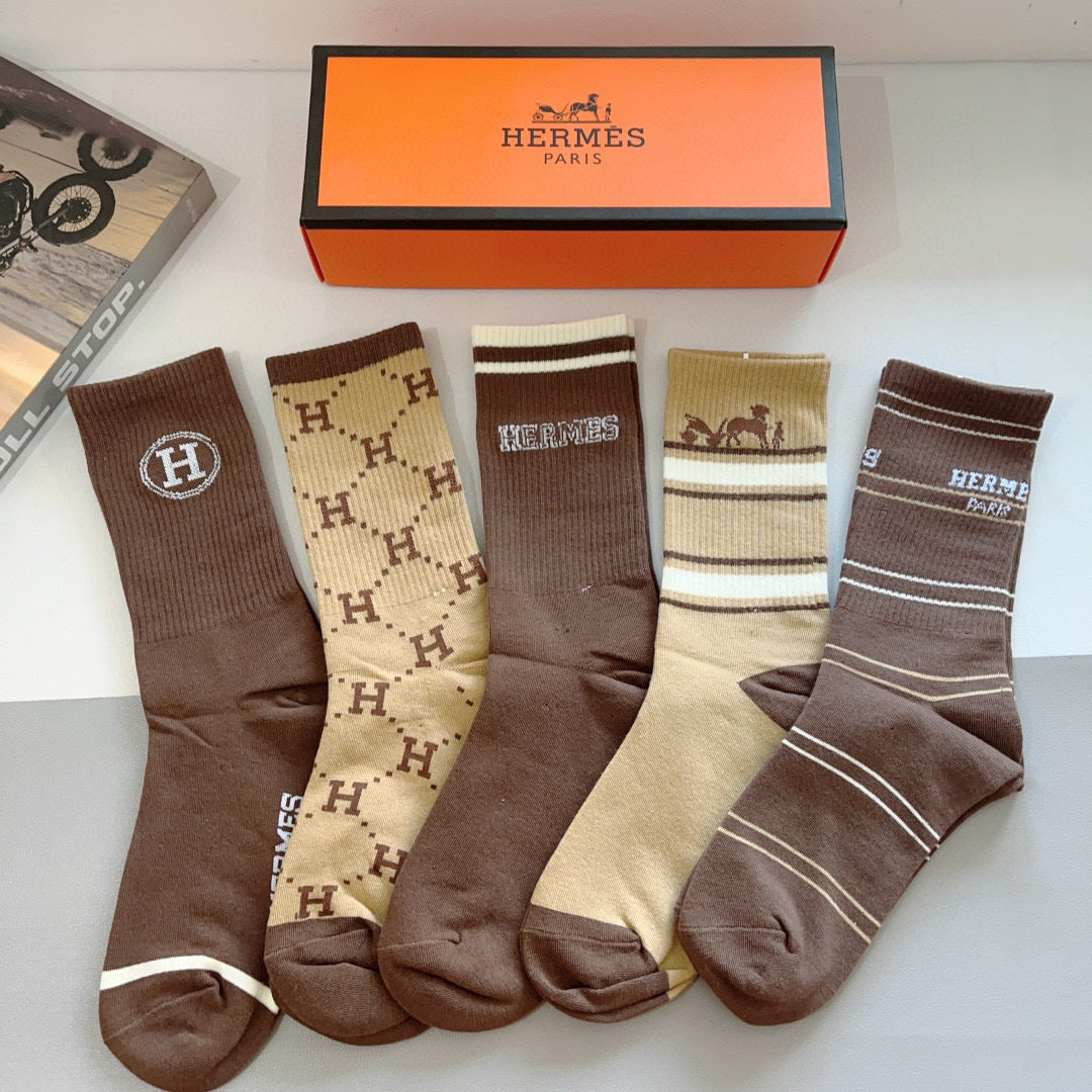 Hermes High-Quality Long Calf Socks - 5 Pairs Box Set