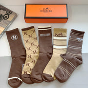 Hermes High-Quality Long Calf Socks - 5 Pairs Box Set