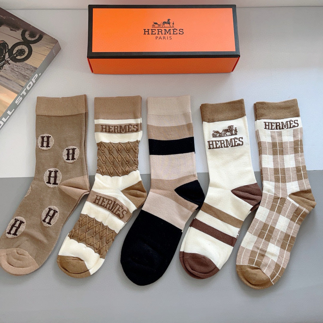 Hermes High-Quality Long Calf Socks - 5 Pairs