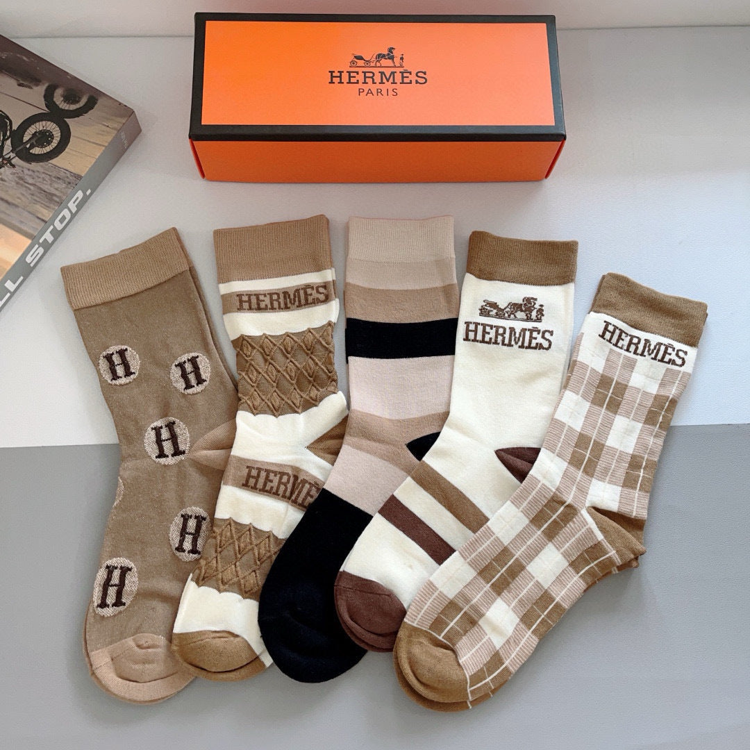 Hermes High-Quality Long Calf Socks - 5 Pairs
