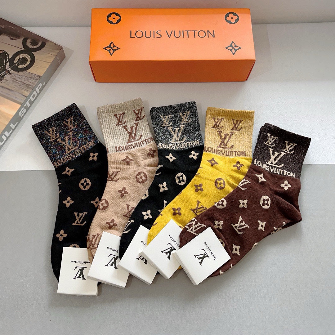 LV Louis Vuitton Classic Logo Mid-Calf Socks - 5 Pairs
