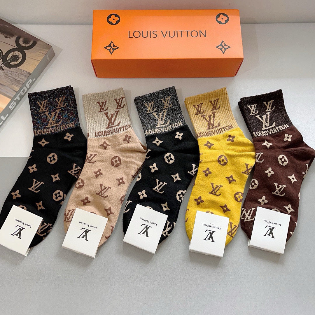 LV Louis Vuitton Classic Logo Mid-Calf Socks - 5 Pairs