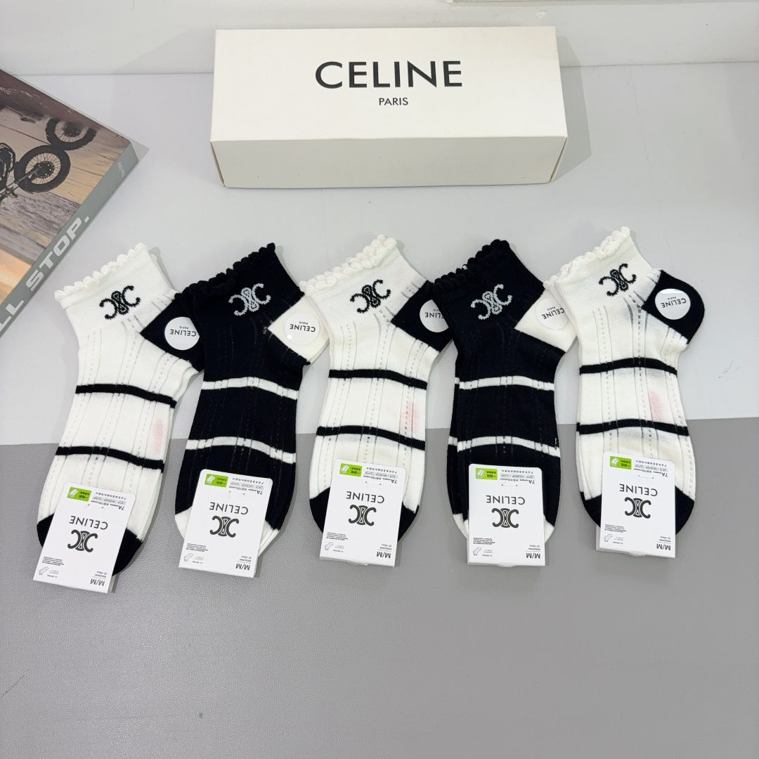 Celine Bamboo Cotton Crew Socks - 5 Pairs