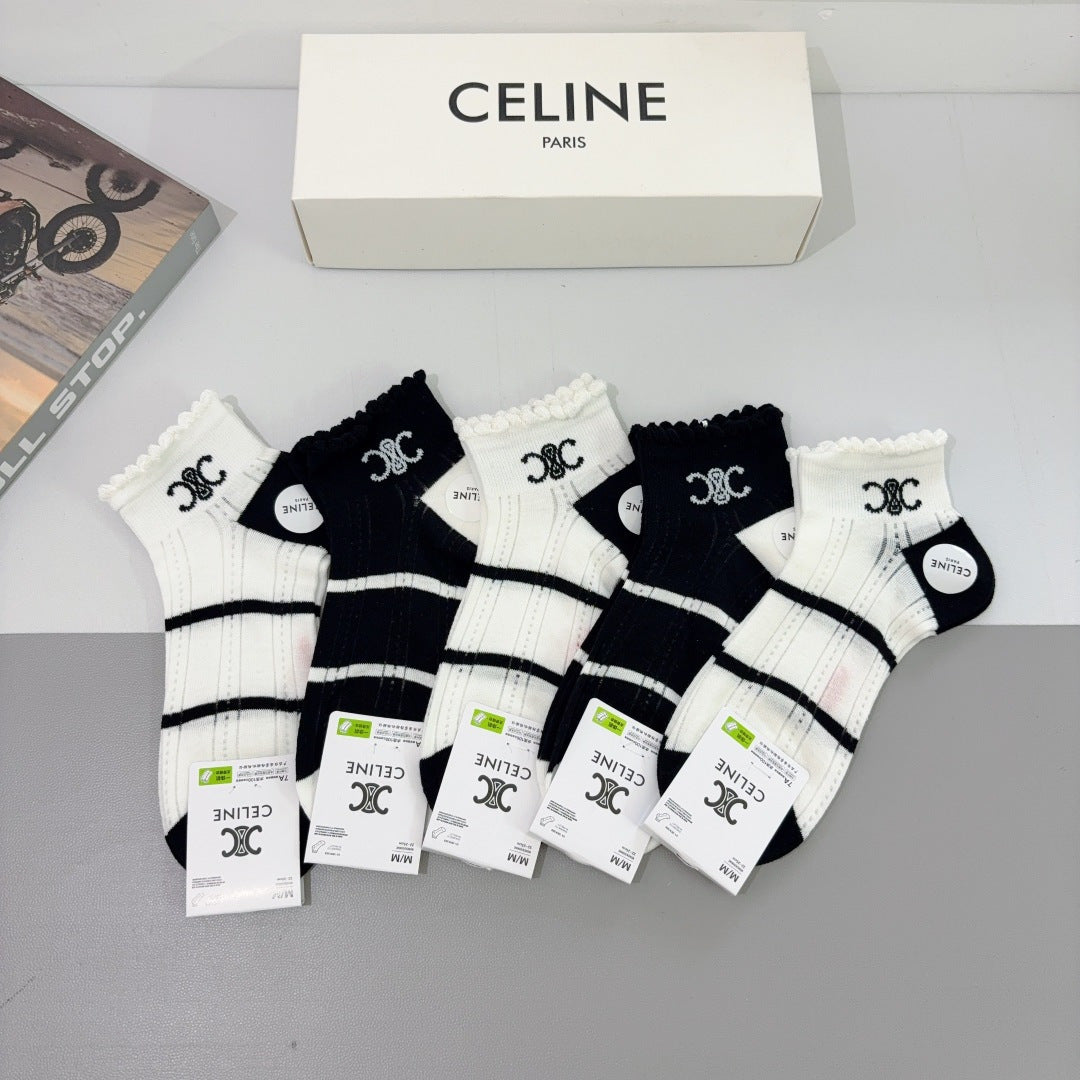 Celine Bamboo Cotton Crew Socks - 5 Pairs
