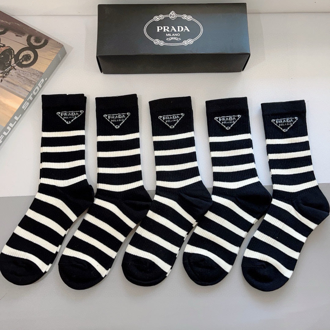 PRADA Inverted Triangle Logo Calf Socks - Luxury Stockings (5 Pairs)