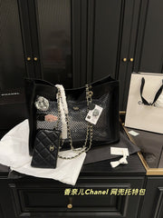 Luxury Black Leather Mesh Tote Bag with Card Holder