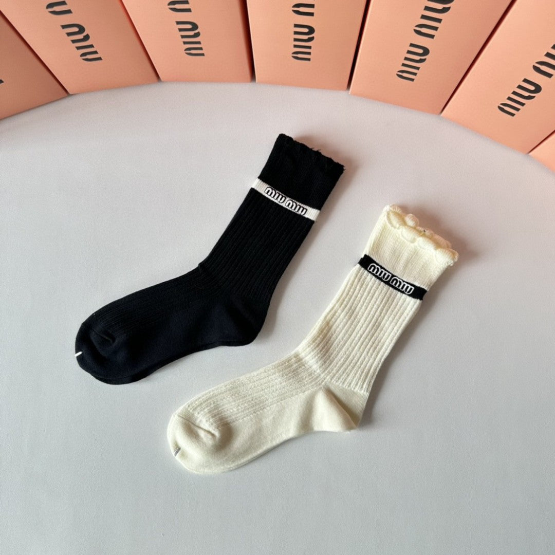 MiuMiu Striped Double-Needle Cashmere Pile Socks - Set of 2