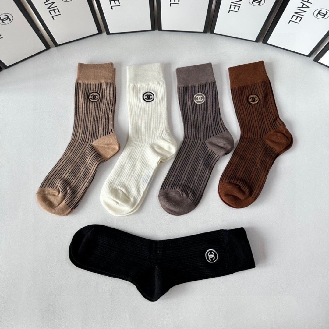 Chanel Cashmere Embroidered Mid-Length Pile Socks - 5 Pairs Gift Set