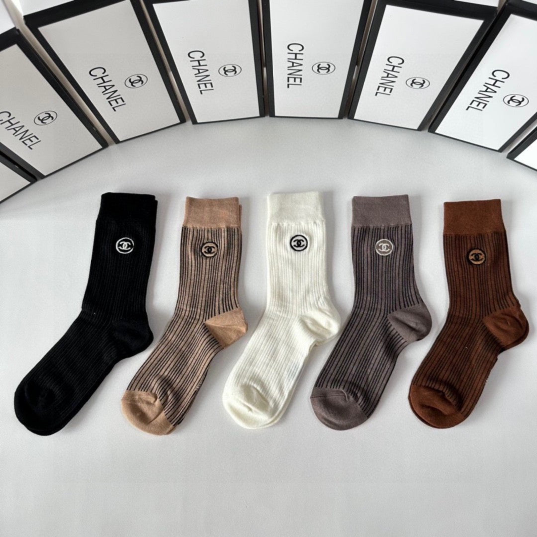 Chanel Cashmere Embroidered Mid-Length Pile Socks - 5 Pairs Gift Set