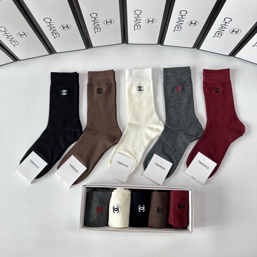 Chanel Classic Embroidered Cotton Mid-Length Socks - Pack of 5