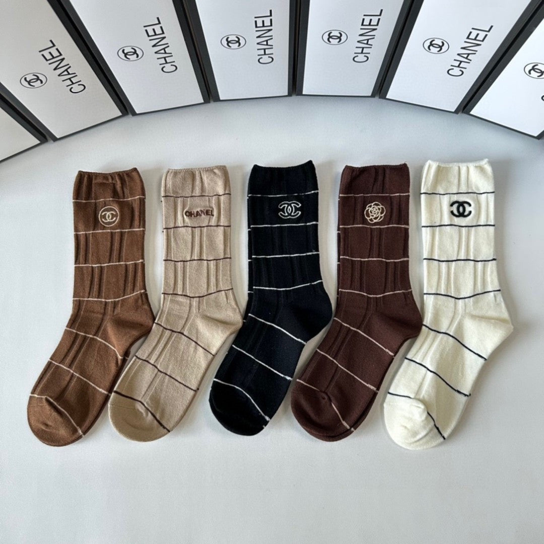Chanel Embroidered Mid-Length Socks - 5 Pairs Gift Set