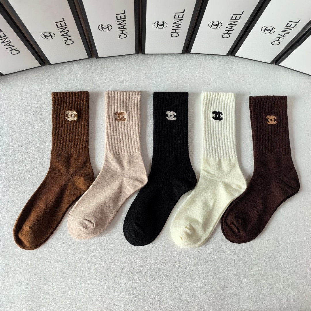 Luxury Cashmere Embroidered Mid-Length Socks - 5 Pairs Gift Box by Chanel