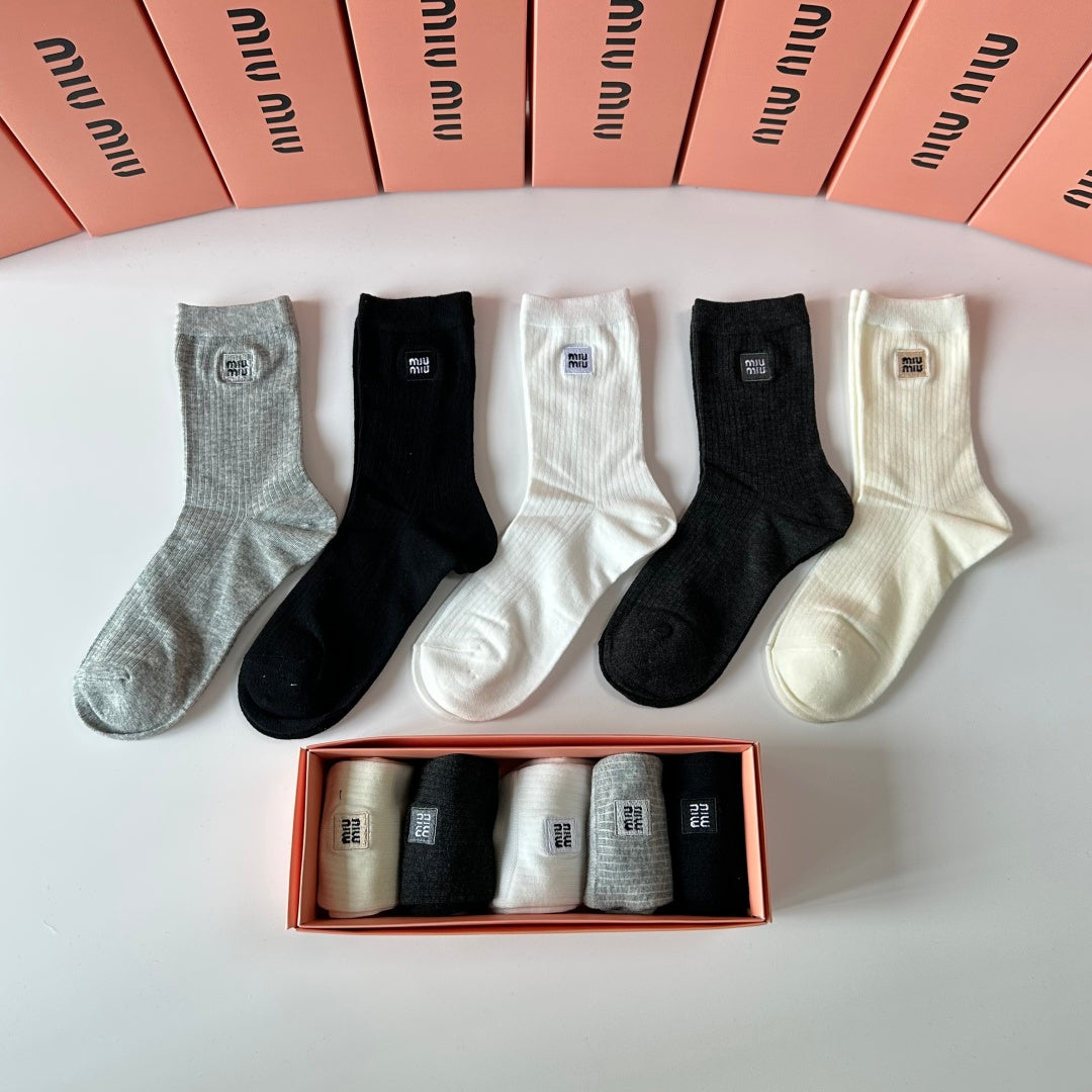 MiuMiu Embroidered Mid-Length Pile Socks - 5 Pairs Box Set