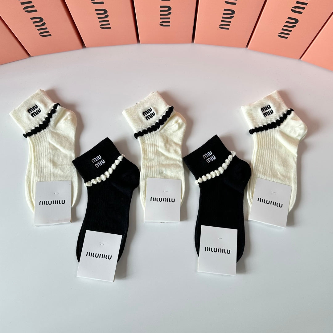 MiuMiu Embroidered Socks Set â€“ 5 Pairs of Stylish Tube Socks