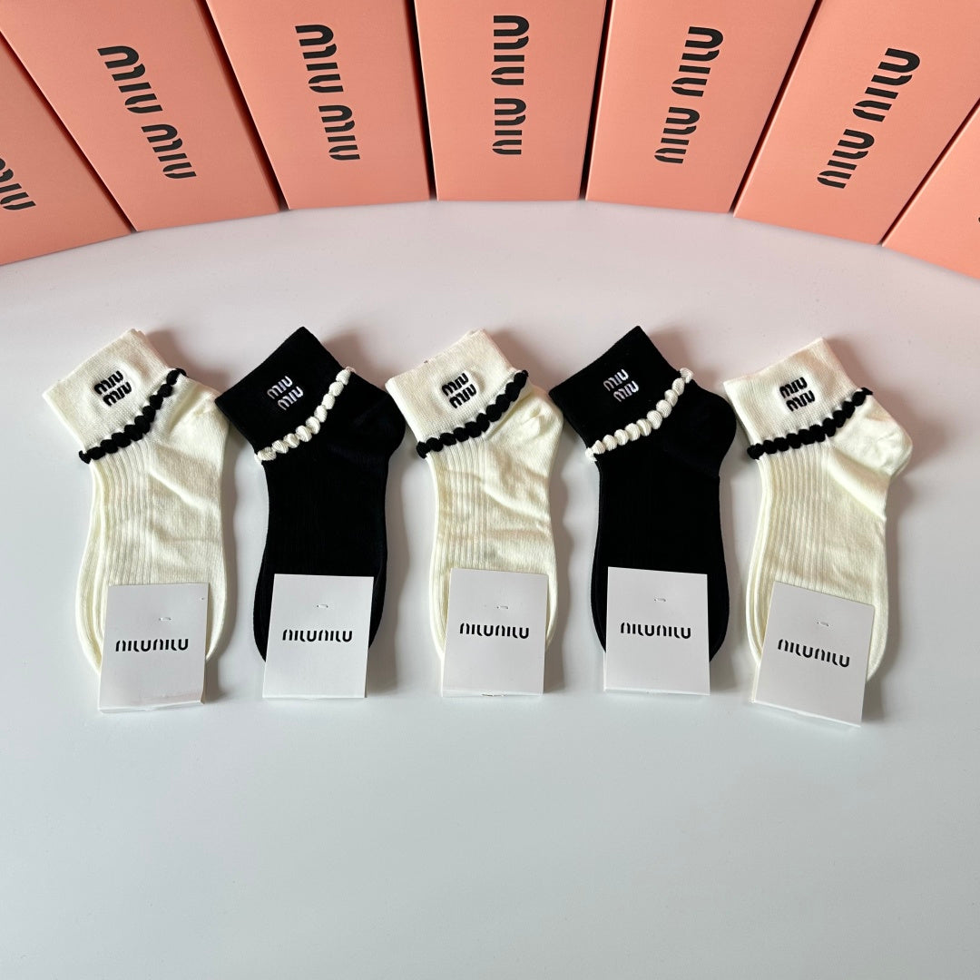 MiuMiu Embroidered Socks Set â€“ 5 Pairs of Stylish Tube Socks