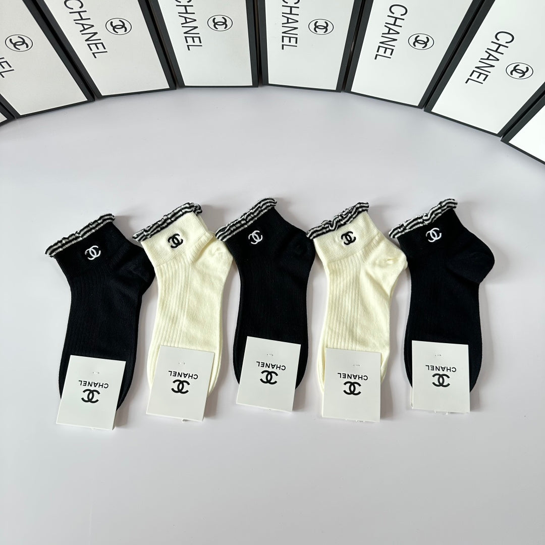 Chanel Classic Embroidered Short & Medium Socks - 5 Pairs Gift Box