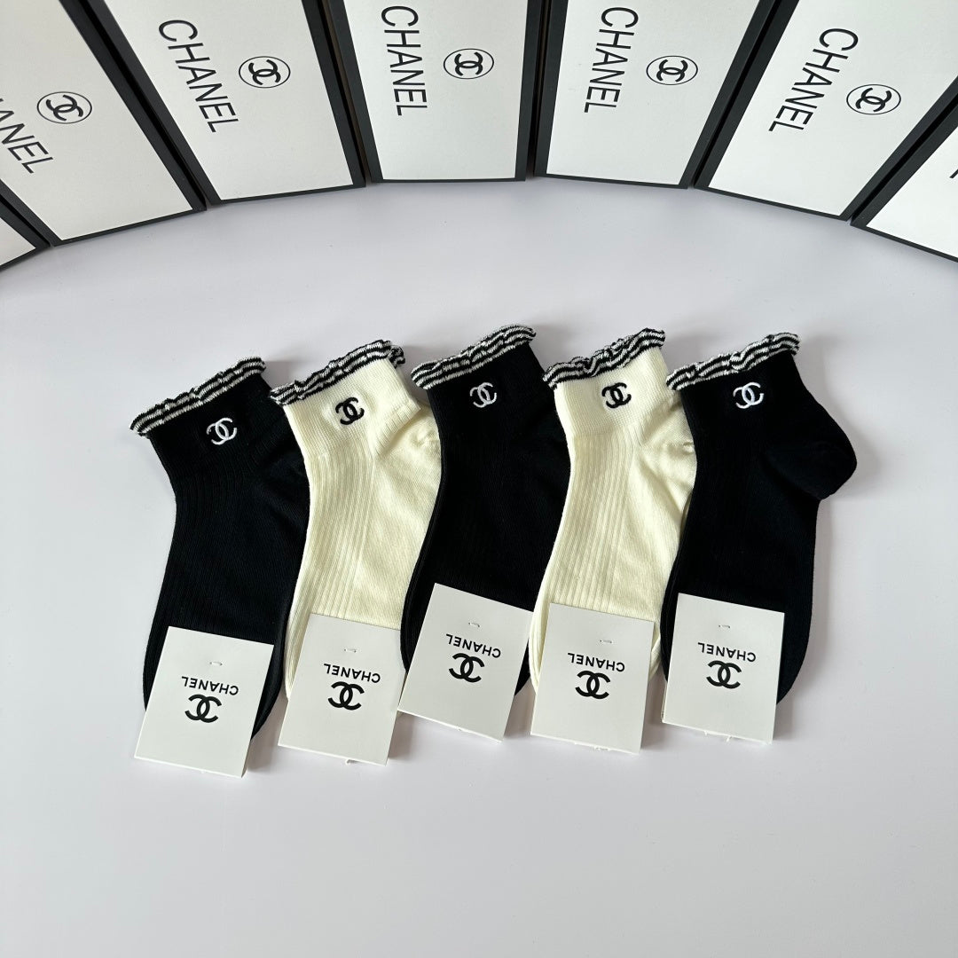 Chanel Classic Embroidered Short & Medium Socks - 5 Pairs Gift Box