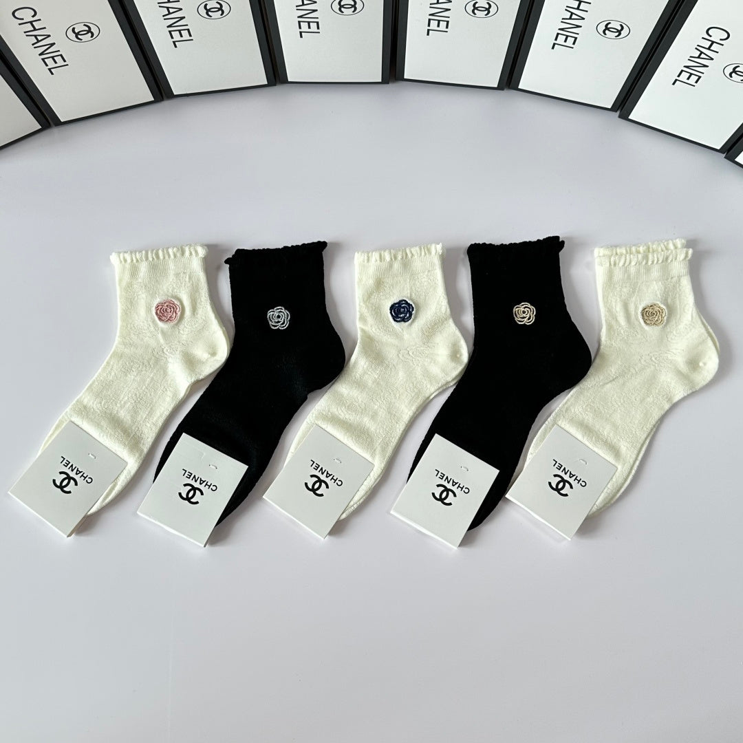 Chanel Embroidered Mid-Length Pile Socks - Set of 5