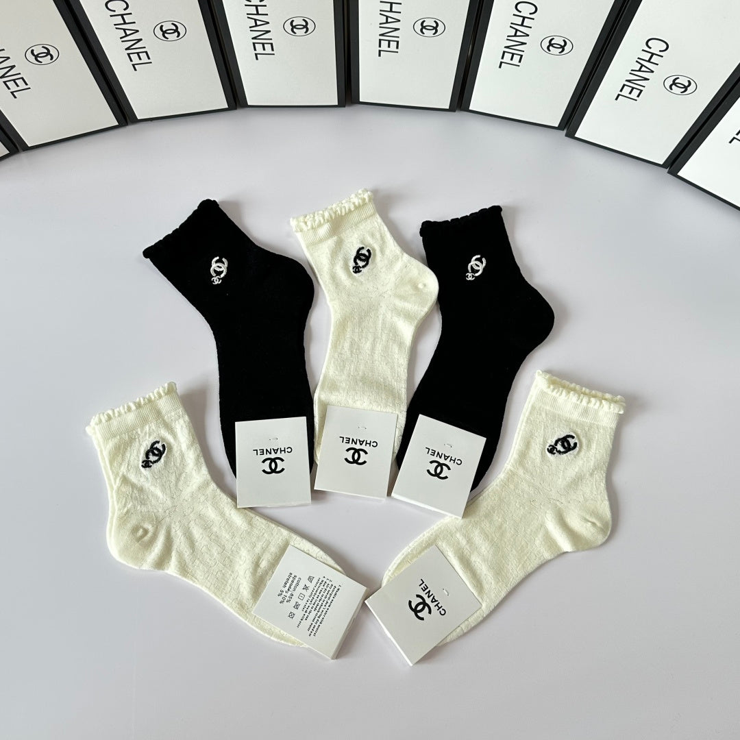 Chanel Embroidered Mid-Length Pile Socks - 5-Pair Set
