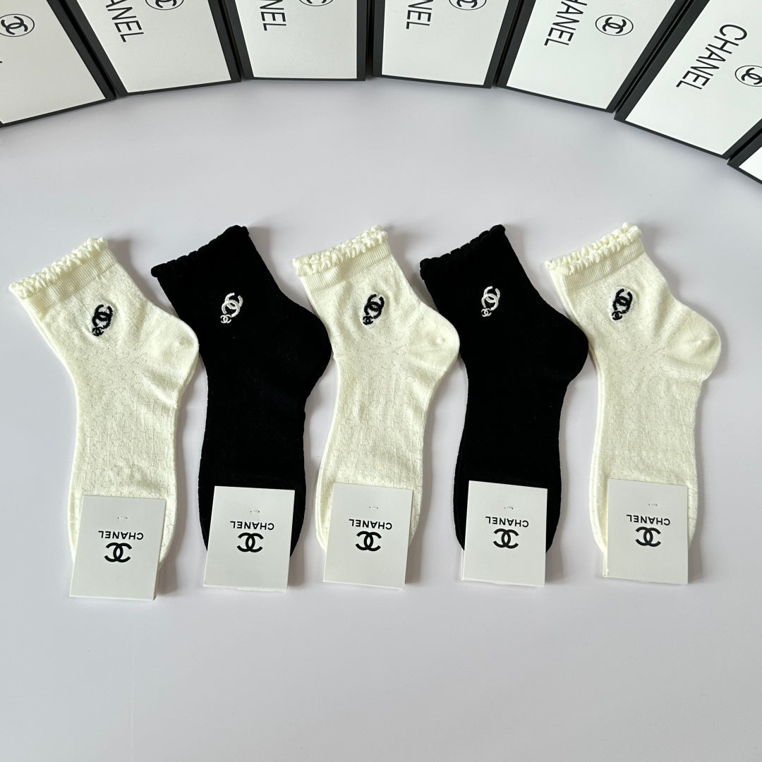 Chanel Embroidered Mid-Length Pile Socks - 5-Pair Set