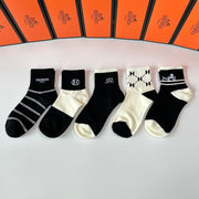 Hermes Mid-Calf Socks - Five-Pair Box Set for Fashion Enthusiasts
