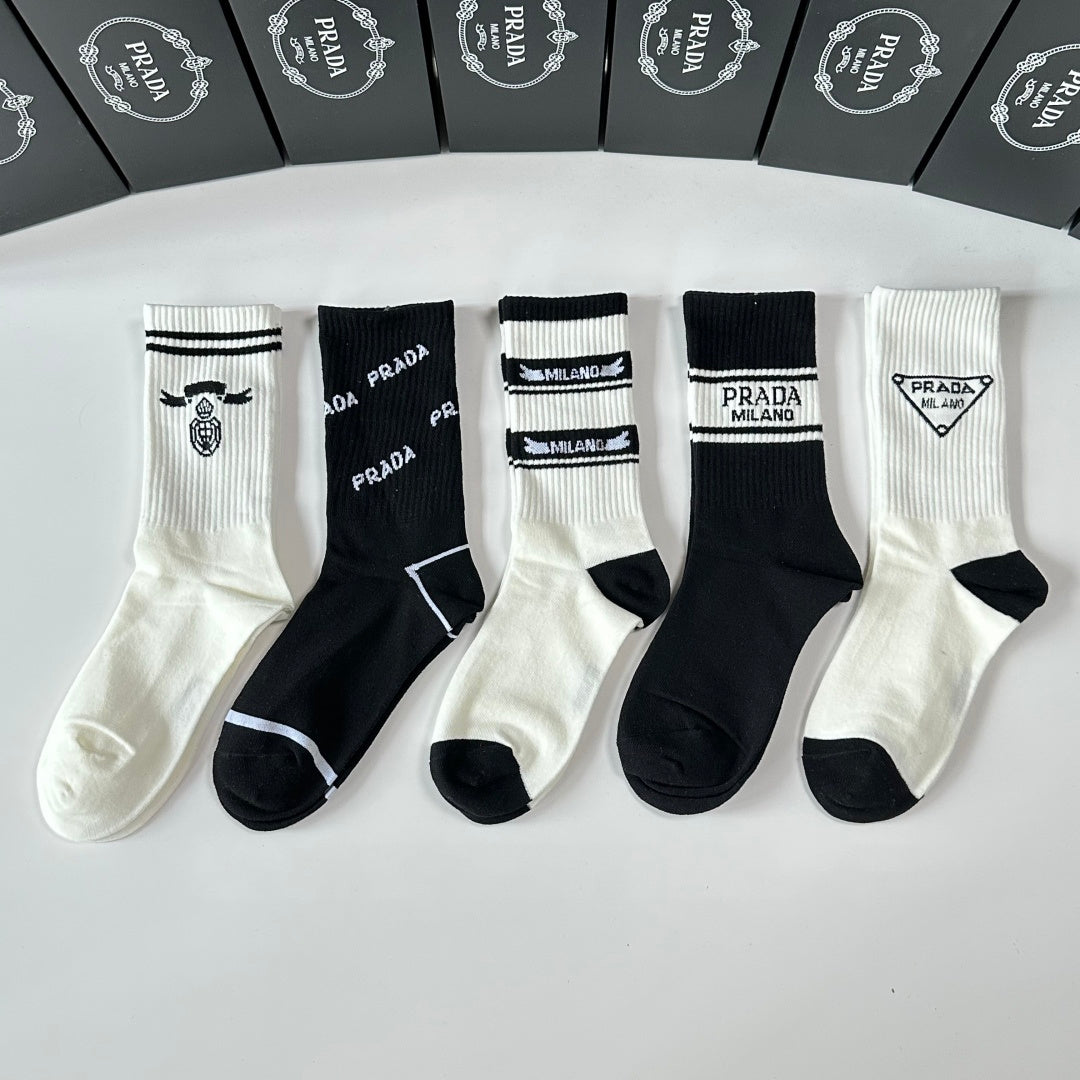 Prada Mid-Calf Socks - Set of 5 Pairs in Counter Packaging