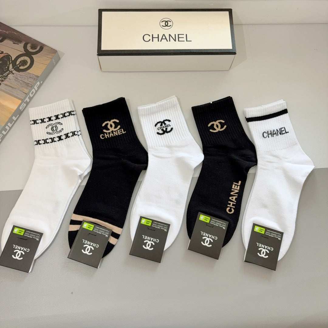 CHANEL Men's Classic Mid-Calf Cotton Socks - 5 Pairs