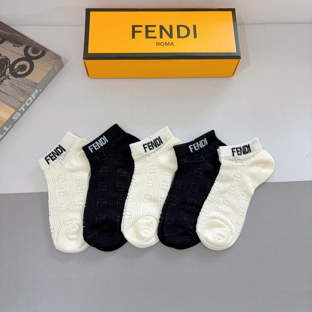FENDI Classic Monogram Double F Bamboo Cotton Short Socks - 5 Pairs