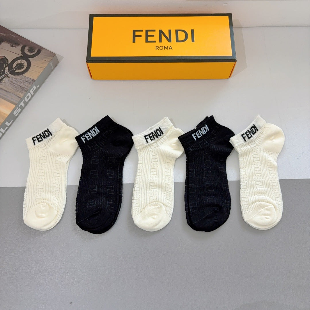 FENDI Classic Monogram Double F Bamboo Cotton Short Socks - 5 Pairs