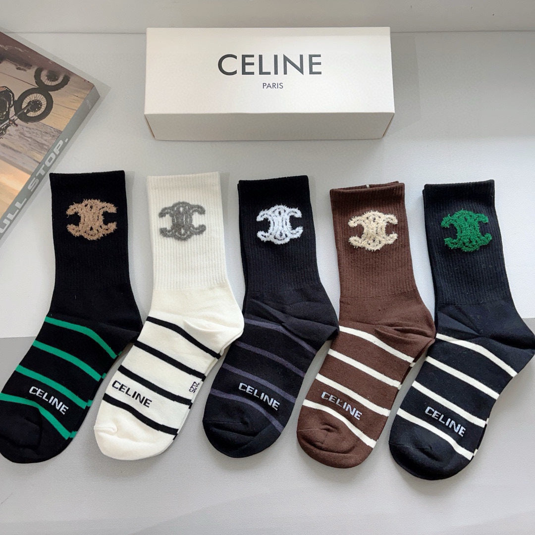 CELINE Pure Cotton Long Socks - 5 Pairs Box Set