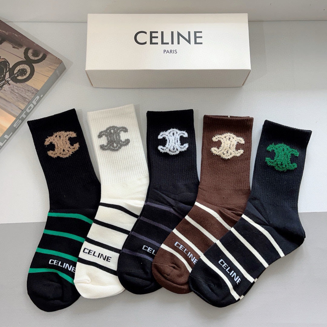 CELINE Pure Cotton Long Socks - 5 Pairs Box Set