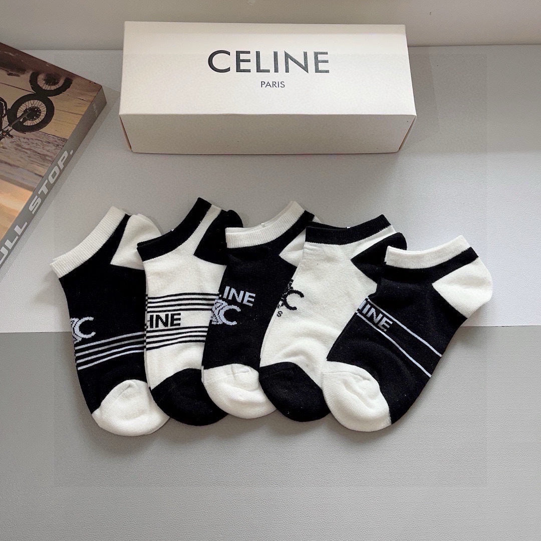CELINE Pure Cotton Crew Socks - 5 Pairs
