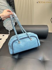Elegant Chanel Washed Denim Bowling Handbag - Size 34.17cm