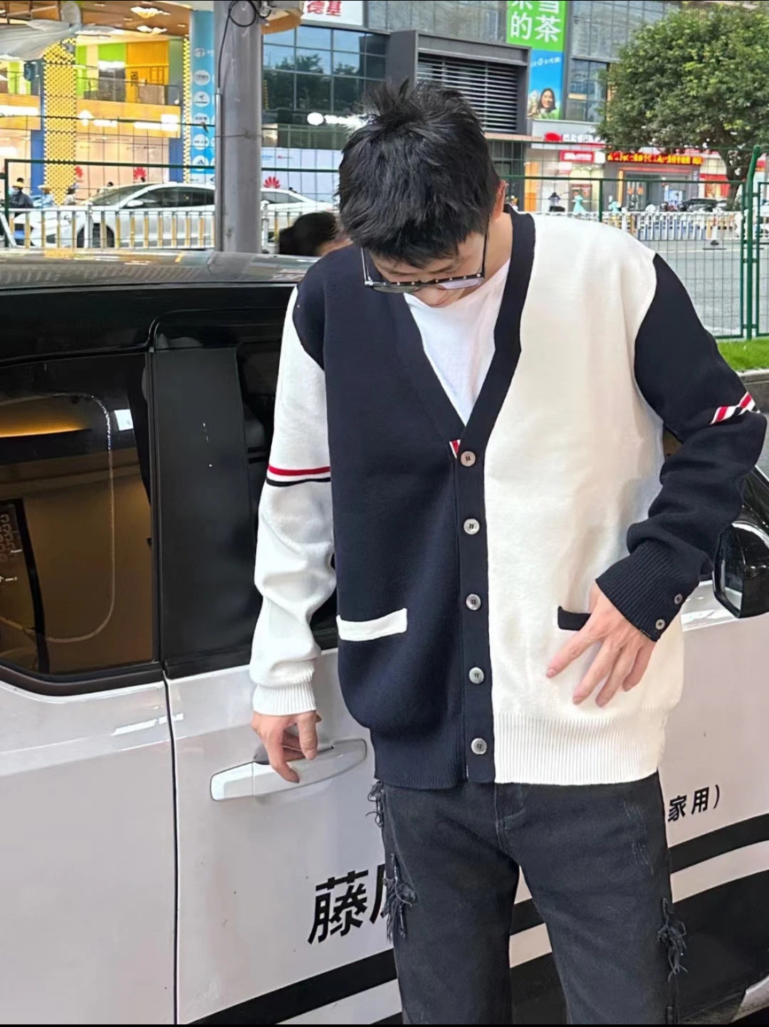 TB M33 Color Block Wool Blend Cardigan - Unisex Design