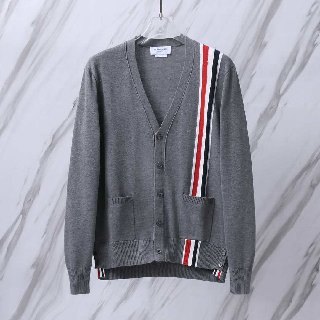 Thom Browne Unisex Red, White, and Blue V-Neck Cardigan Sweater