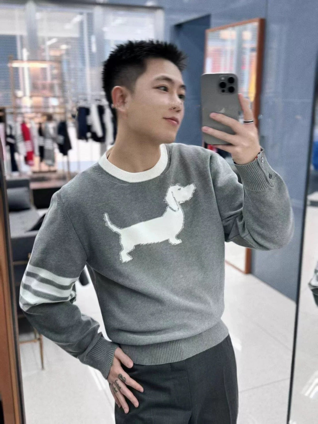 Thom Browne TB M45 Knitted Four-Bar Puppy Sweater