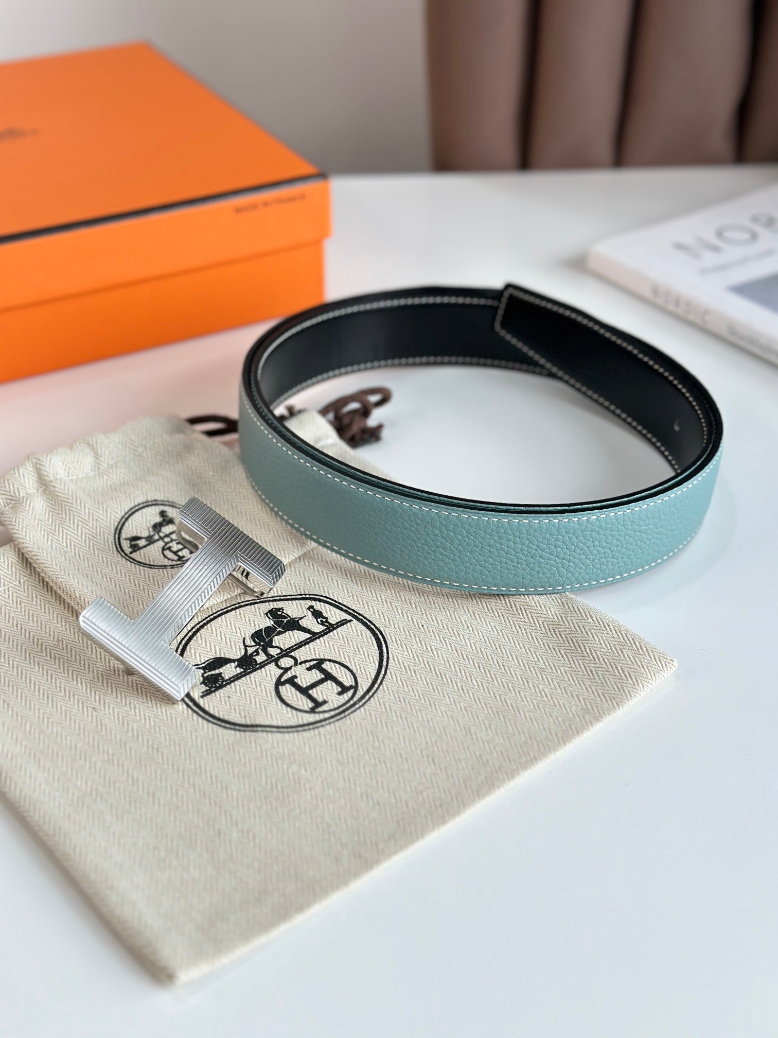 H Belt Buckle with Reversible Leather Strap