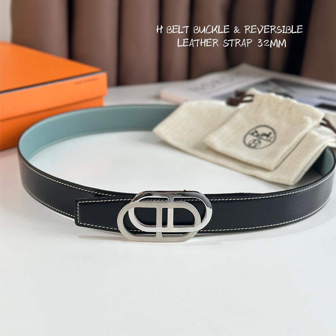 H Belt Buckle & Reversible Leather Strap