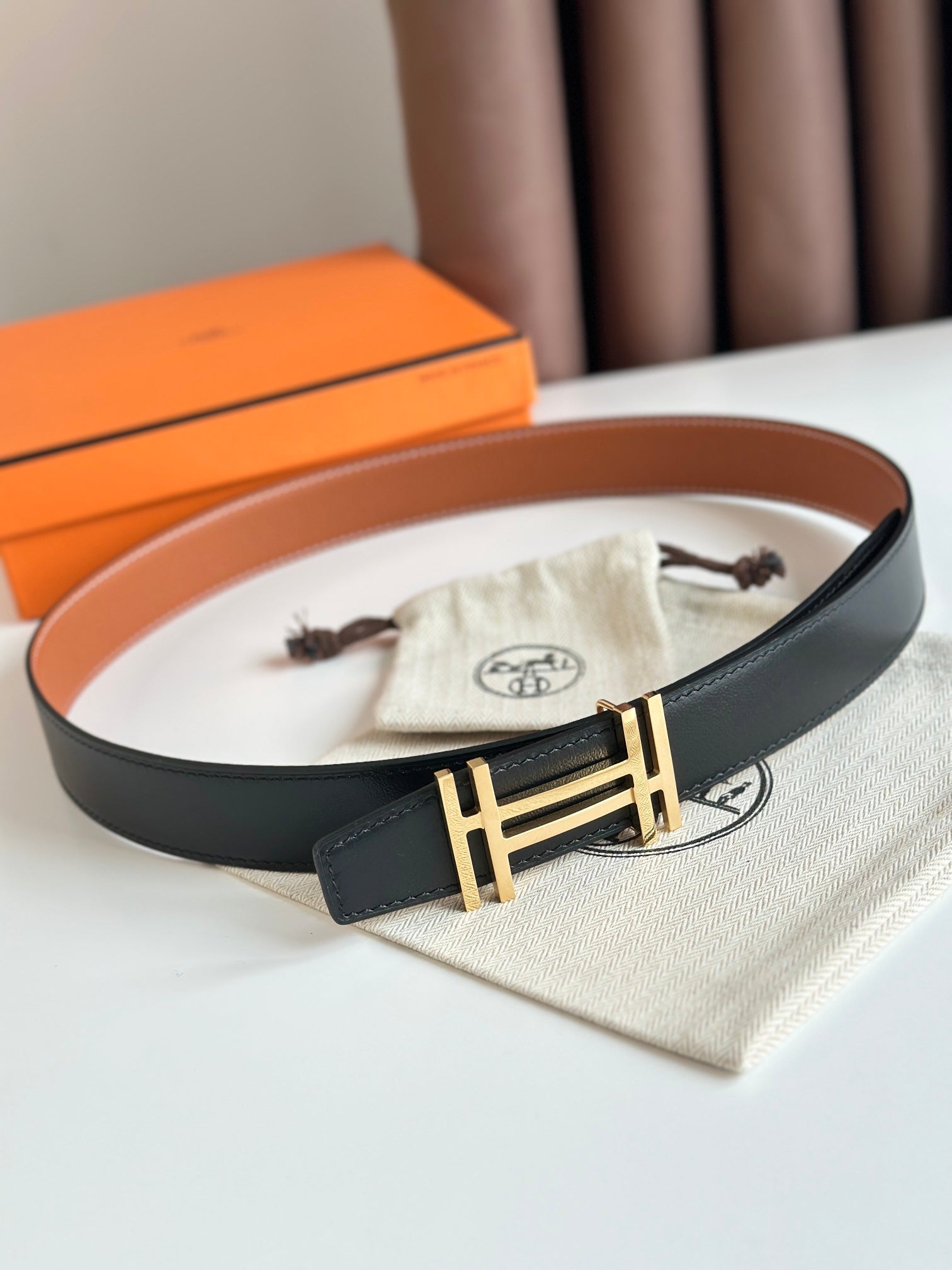 H AU CARRE Golden Brown Togo Belt Hardware - 32mm