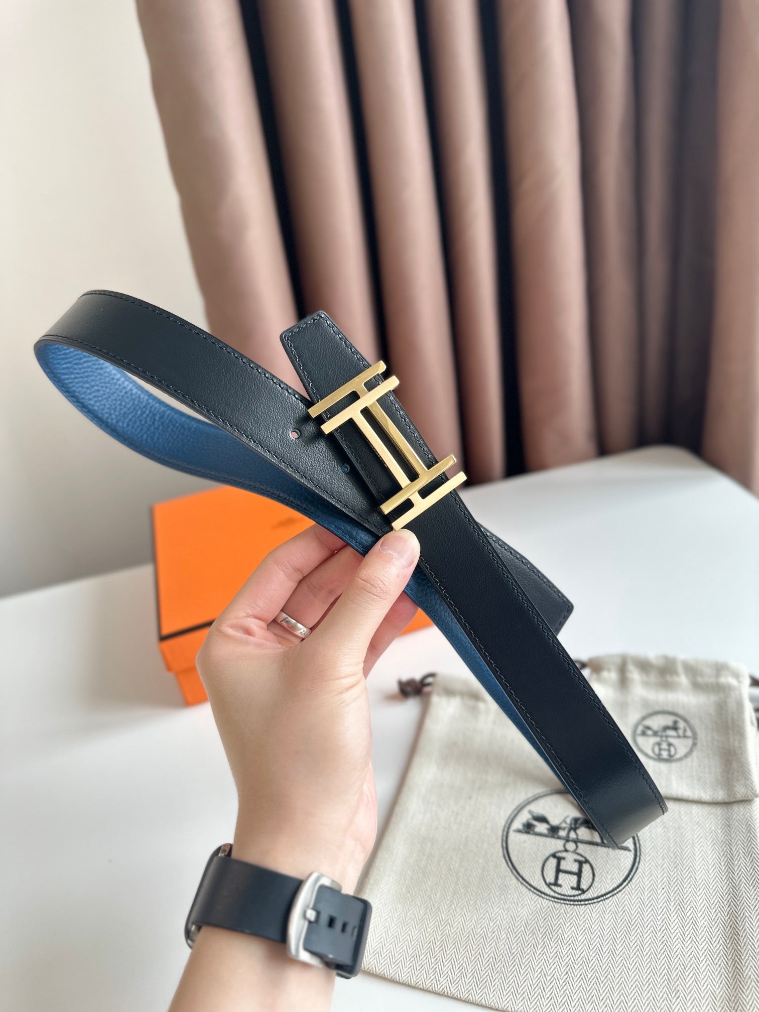 H AU CARRE Togo Leather Belt in Prussian Blue - 32mm