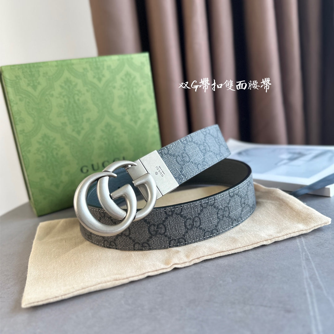Gucci Reversible Gray Canvas and Pig Grain Leather Belt