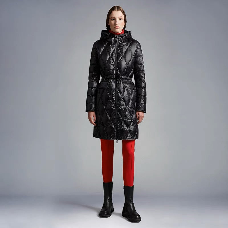 Moncler Serilong Women's Hooded Down Jacket - Diamond Pattern Mid-Length
