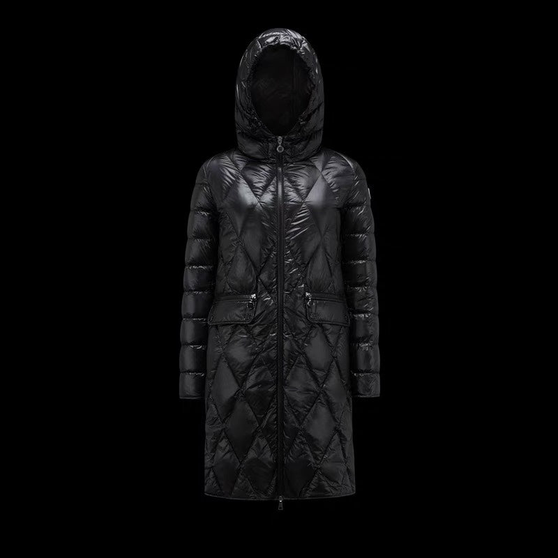 Moncler Serilong Women's Hooded Down Jacket - Diamond Pattern Mid-Length